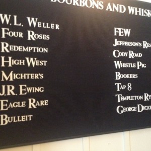 Q's chalkboard list of bourbons